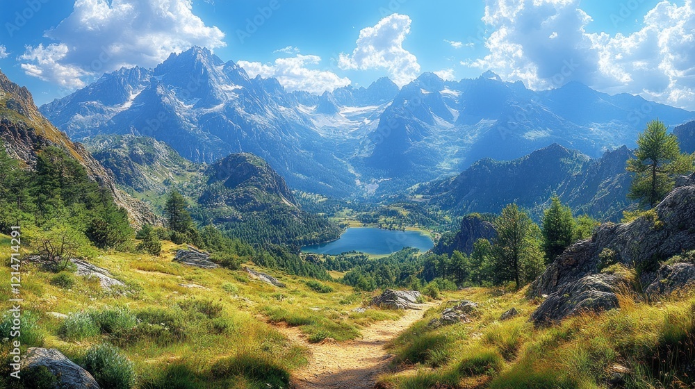 Fototapeta premium Path covered in snow leading through a forest with a mountain landscape