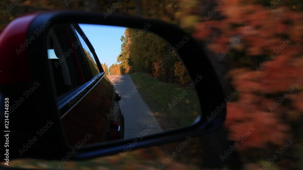 The sun is reflected in the mirror, evening road. View in the side rear view mirror of a red car driving along the highway