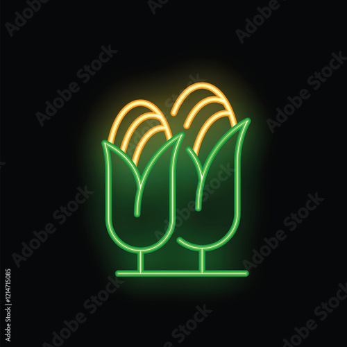 Neon sign representing two corn cobs glowing on a wall
