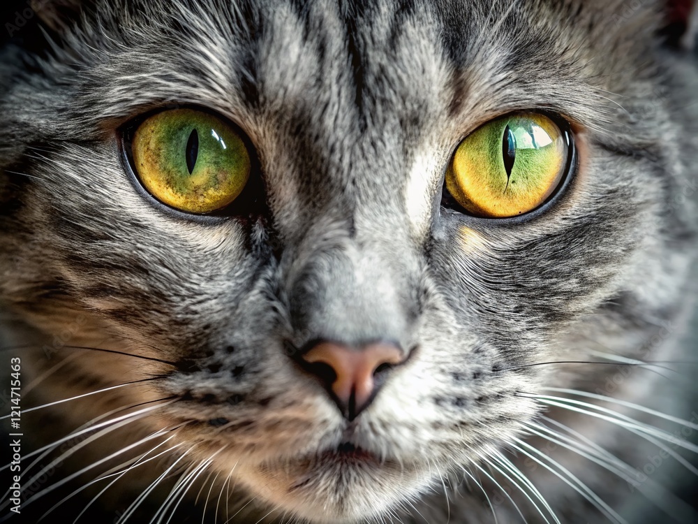 Close-Up Grey Cat Eyes, Intense Gaze, Candid Pet Portrait Close-Up Grey Cat Eyes, Intense Gaze, Candid Pet Portrait