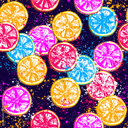 seamless pattern of abstract lemon orange slices, on a dark blue background, multi-colored splashes of acidic neon colors. Modern bright trendy print