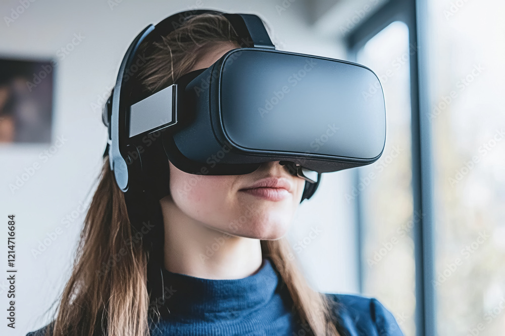 Woman Experiencing Virtual Reality with Headset Indoors
Woman Experiencing Virtual Reality with Headset Indoors