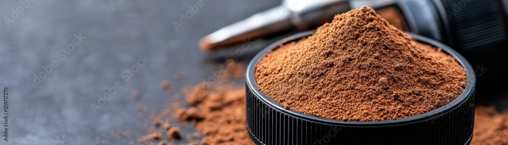 A close-up of finely ground cocoa powder in a black container, ideal for food blogs, recipe books, and culinary articles focusing on baking, desserts, or beverage preparations, A close-up of finely ground cocoa powder in a black container, ideal for food blogs, recipe books, and culinary articles focusing on baking, desserts, or beverage preparations,