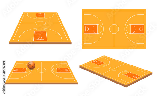 Basketball field court line. Orange basketball playground stadium layout top view and perspective. Vector EPS 10