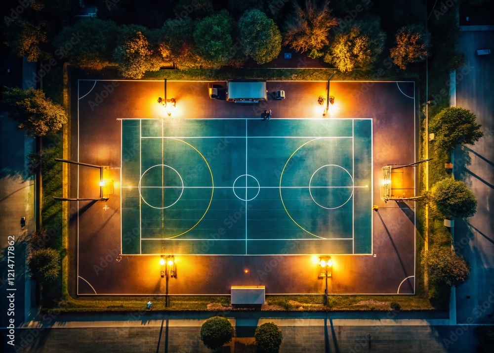 Top-Down View of Half a Basketball Court at Night, Low Light Photography Top-Down View of Half a Basketball Court at Night, Low Light Photography