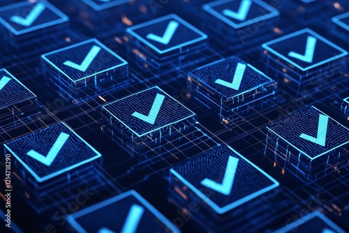 Ethical Ai compliance concept. Digital checkmarks glowing on a blue grid background.