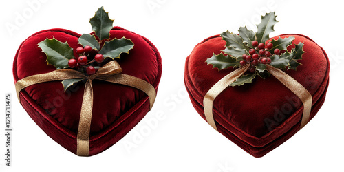 Elegant heart-shaped Christmas gift boxes with holly decorations isolated on the white background