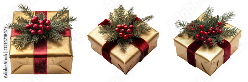 Festively wrapped Christmas gifts with holiday decorations isolated on the white background