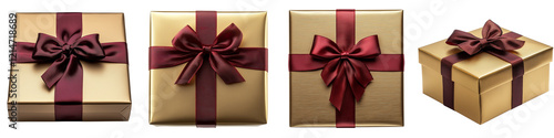 Elegant gold gift boxes with burgundy ribbons isolated on the white background