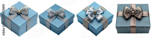 Elegant blue gift boxes with decorative bows isolated on the white background