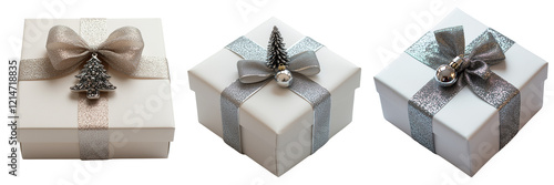 Elegant holiday gift boxes with festive decorations isolated on the white background