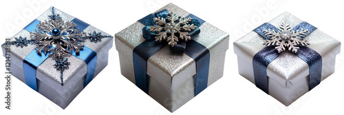 Elegant winter-themed gift boxes with decorative snowflakes isolated on the white background