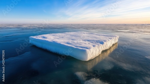 A large, flat ice floe floats on calm, blue waters under a clear sky, reflecting the soft light of dawn, This serene landscape can be used for themes related to climate, nature photo