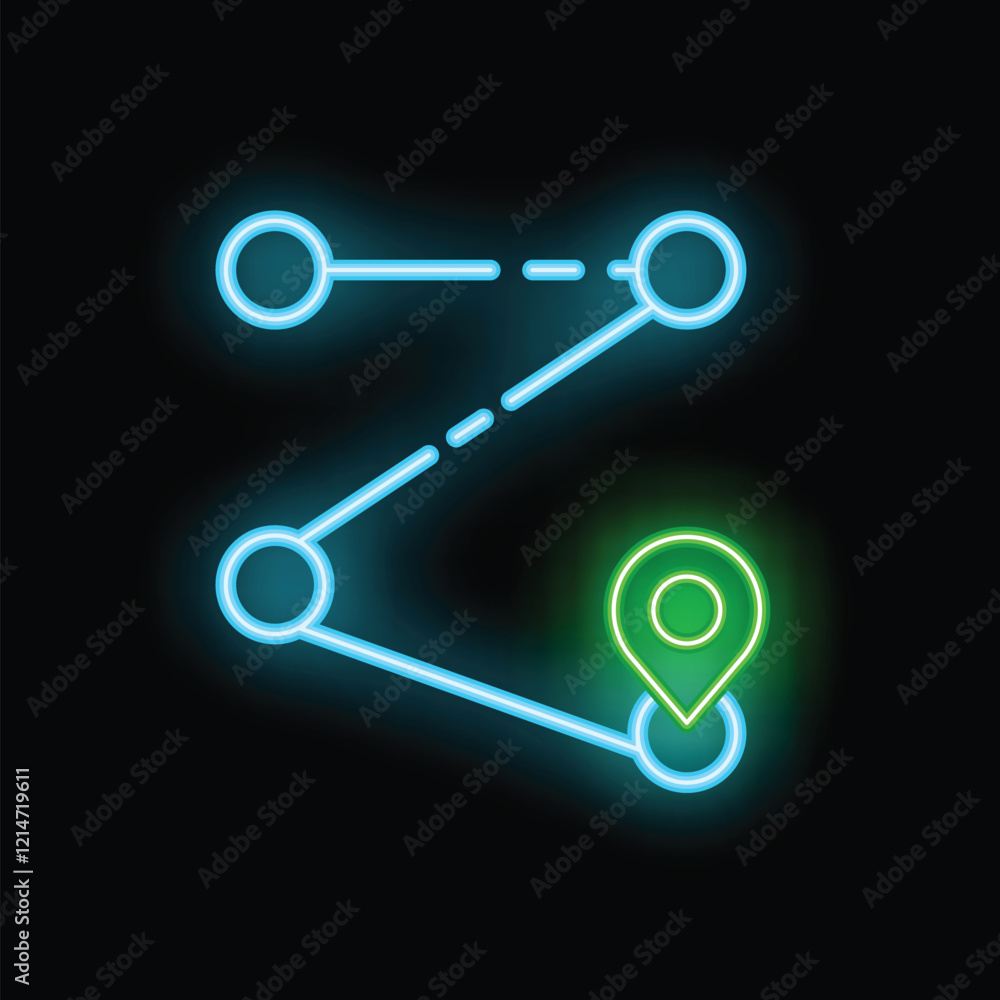 Neon sign showing a route with a pin location icon on a brick wall background Neon sign showing a route with a pin location icon on a brick wall background
