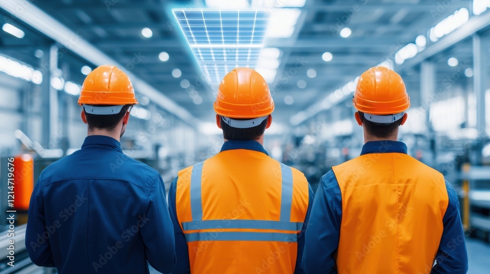 A clean, modern factory interior with energy-efficient machinery in operation, workers assembling products with eco-friendly materials, solar panels visible on the ceiling, natural and artificial A clean, modern factory interior with energy-efficient machinery in operation, workers assembling products with eco-friendly materials, solar panels visible on the ceiling, natural and artificial