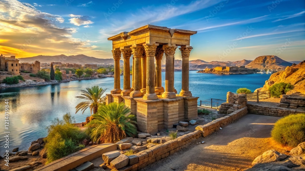 Obraz premium Trajan's Kiosk, Agilika Island, Aswan, Egypt: Ancient Ruins and Nile River Landscape