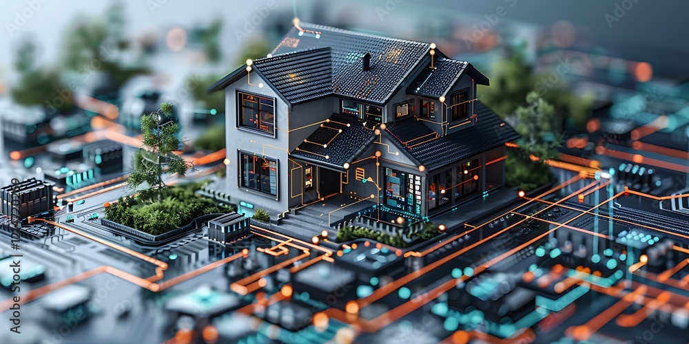 Obraz premium Technology Smart home with connected devices and digital icons Glowing house with symbolism