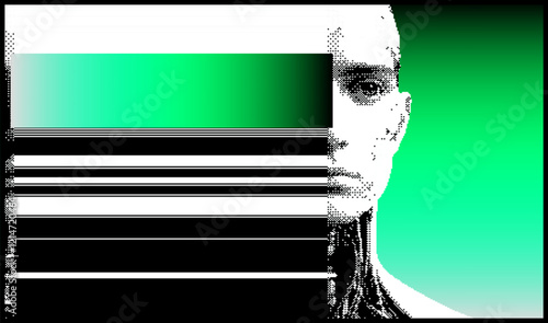 Glitched and decomposted pixelated human face on a green background. Futuristic neo-brutalist vector illustration on the theme of cyber technology and identity.