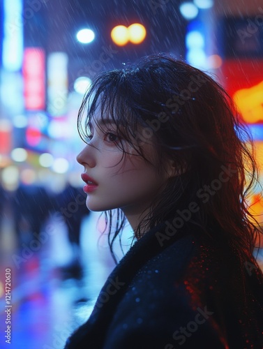Woman in city rain with neon lights illuminating.
