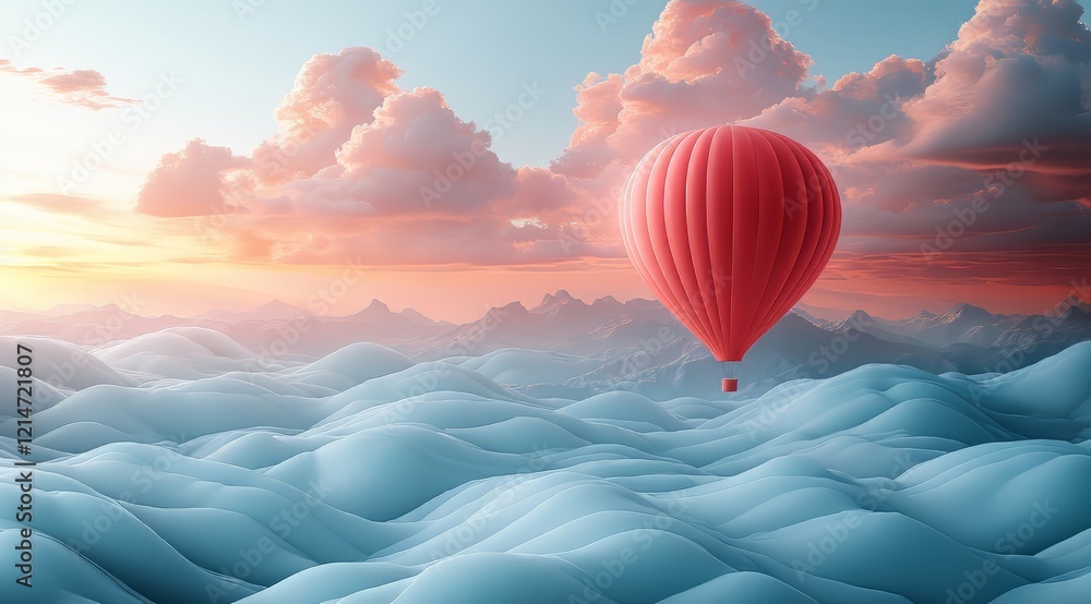 Obraz premium Red Hot Air Balloon Soaring Over Dreamlike Pastel Landscape at Sunset