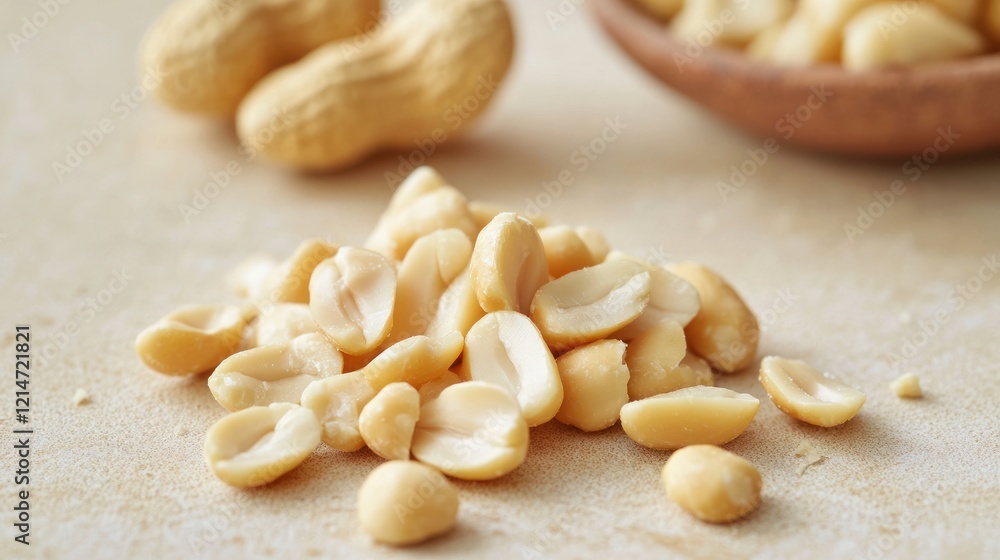 Close-up of shelled peanuts and whole peanuts in a wooden bowl. Close-up of shelled peanuts and whole peanuts in a wooden bowl.