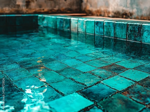 Wallpaper Mural A floating bench seat occupies a serene sitting zone in a crystal-clear swimming pool, devoid of any individuals. The pool is square-shaped with blue tiles, maintaining an empty atmosphere. The scene Torontodigital.ca