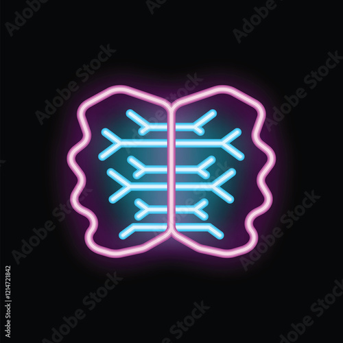 Neon sign representing lungs with bronchi glowing on a dark background, perfect for medical thematics design