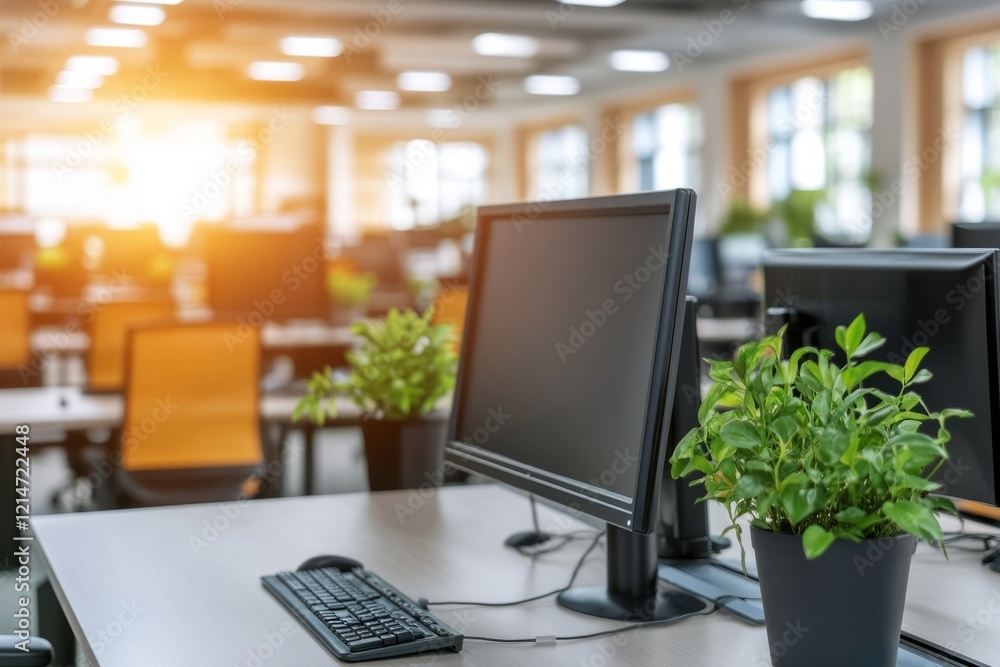 A computer monitor sits on a desk with a plant in a black pot A computer monitor sits on a desk with a plant in a black pot