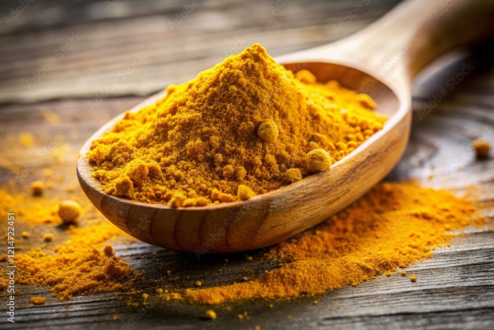 Turmeric Powder in Wooden Spoon, Tilt-Shift Photography, Spice, Herb, Culinary
