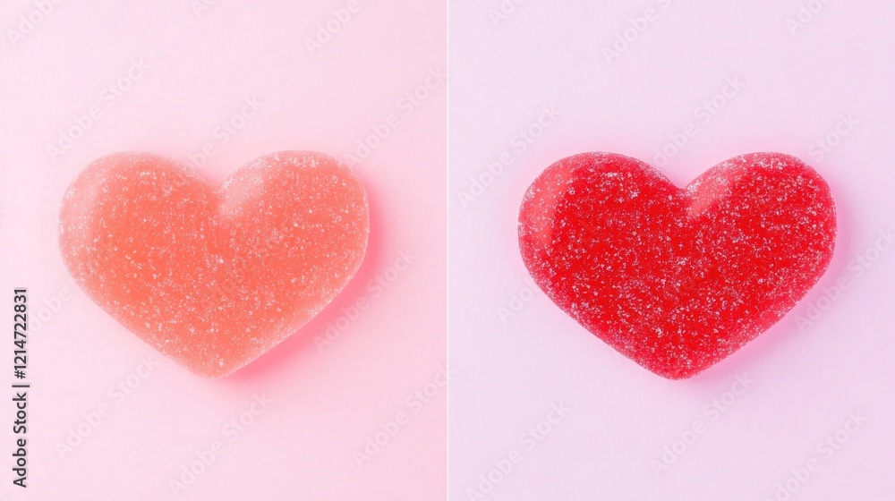 Fototapeta premium Two heart-shaped jellies, one peach and one red, on pink backgrounds.