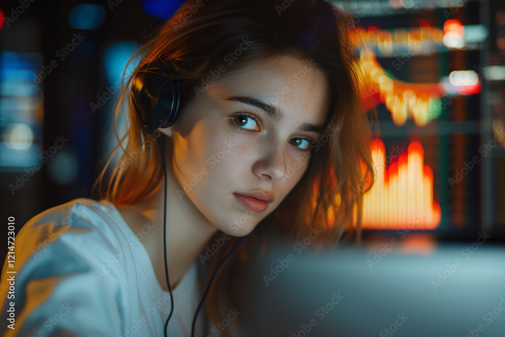 Fototapeta premium A woman wearing headphones is looking at a computer screen