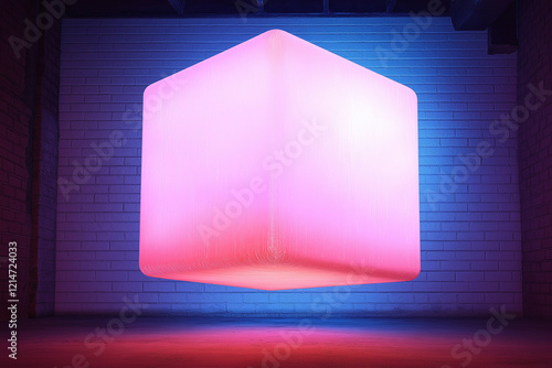 Illuminated Pink Cube in a Room with Brick Walls