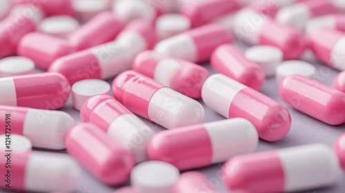 Capsule pills in pastel color concept. Colorful pink and white capsules arranged in a neat pattern on a surface. photo