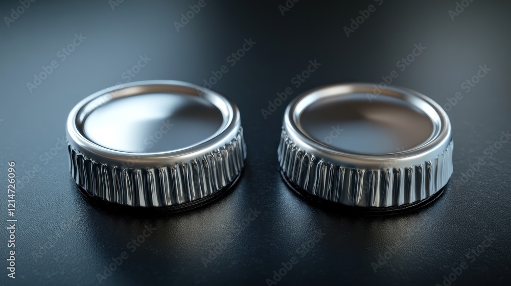 Two metallic knobs on dark surface, industrial design detail Two metallic knobs on dark surface, industrial design detail