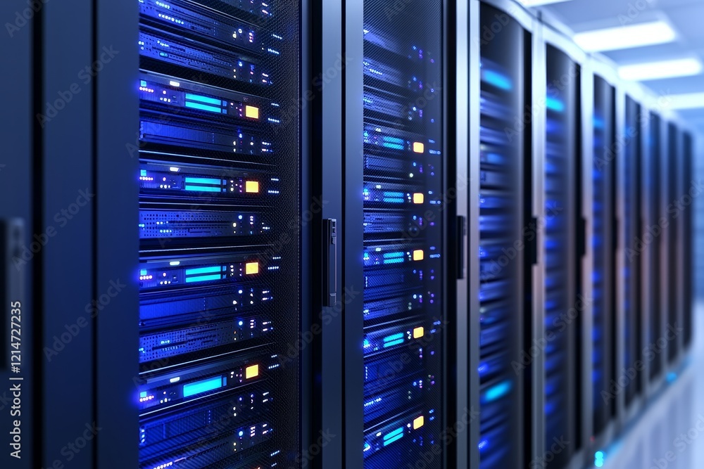 Disaster recovery plan concept. Server racks illuminated with blue lights in a data center environment. Disaster recovery plan concept. Server racks illuminated with blue lights in a data center environment.