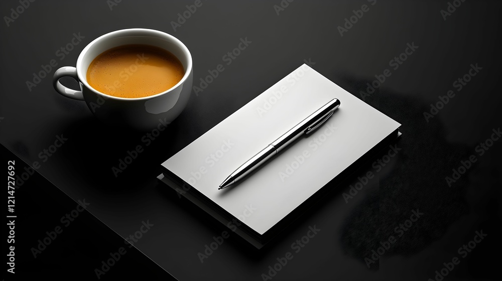 Fototapeta premium biurko, minimalistyczny, czarny, biały, monochromatyczny, elegancja, nowoczesny, prostota, espresso, notebook, długopis, srebrny, kontrast, profesjonalizm, przestrzeń robocza, inspiracja, produktywnoś