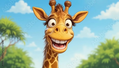 Funny cartoon giraffe smiling showing big teeth.