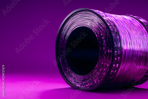 An image featuring a roll of fiber optic cable positioned against the backdrop of a data center purple background photo