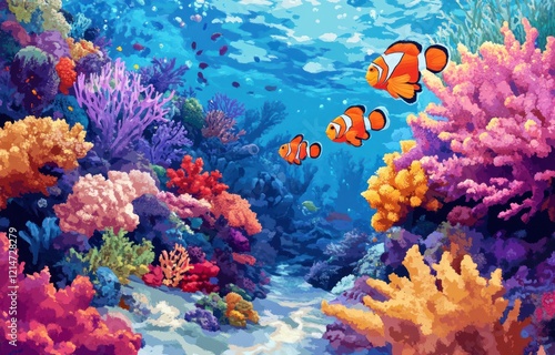 Fototapeta Naklejka Na Ścianę i Meble -  Vibrant coral reef with clownfish swimming through the colorful underwater environment
