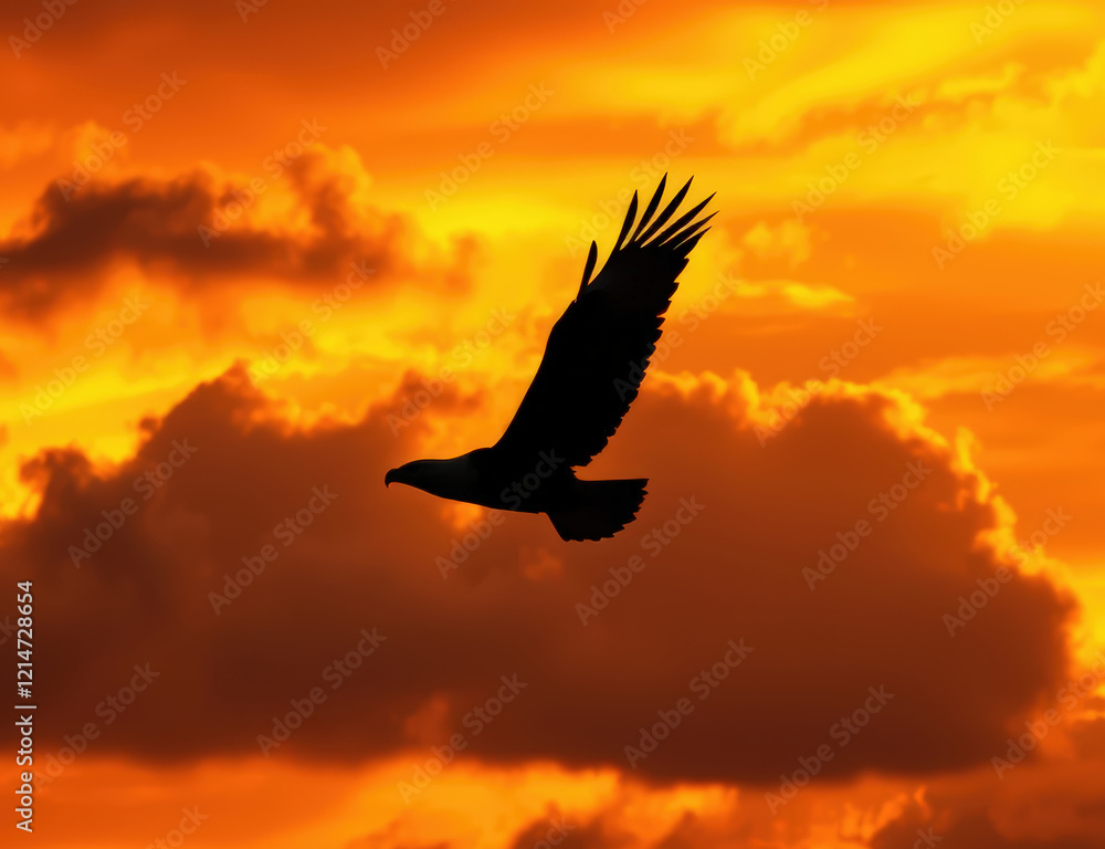 Obraz premium A lone bird in flight, silhouetted against a fiery orange sunset sky and clouds, depicting freedom and nature's serenity