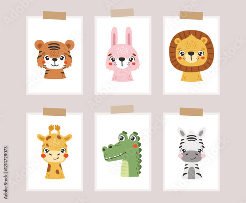 Safari animals set isolated, cute tropical animals, kids posters, vector cartoon