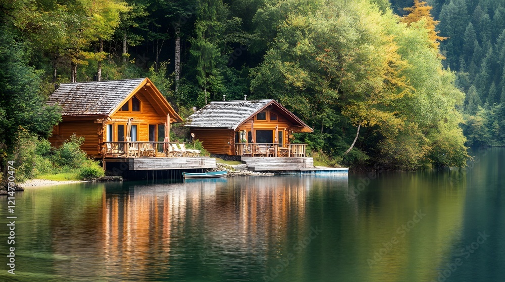 Obraz premium Charming wooden cabins on tranquil lake, surrounded by lush green trees, perfect for nature retreats and relaxation.