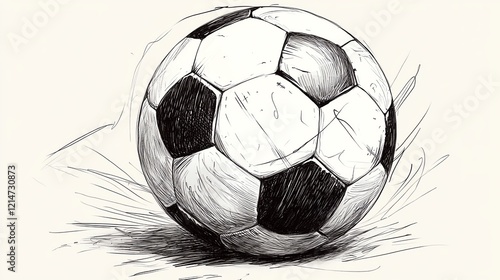 A sketched illustration of a classic black-and-white soccer ball, showing motion with a blurred background, suggesting dynamic movement. photo