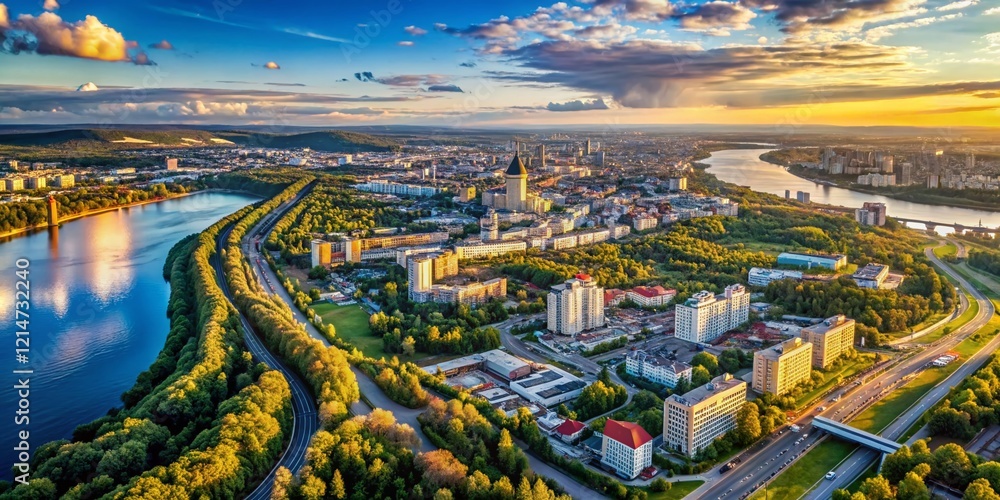 Fototapeta premium Aerial View of Perm, Russia: Ural Mountains Cityscape Drone Photography