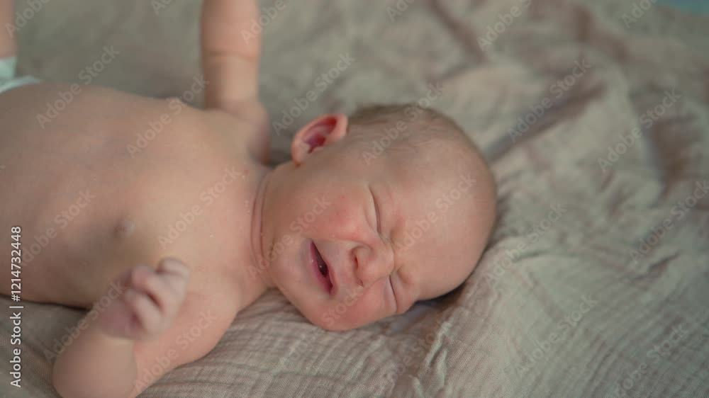 A crying newborn baby lies on a bed before being gently picked up by the mother. A tender moment showcasing the love, care, and comforting bond between a mother and her child. A crying newborn baby lies on a bed before being gently picked up by the mother. A tender moment showcasing the love, care, and comforting bond between a mother and her child.