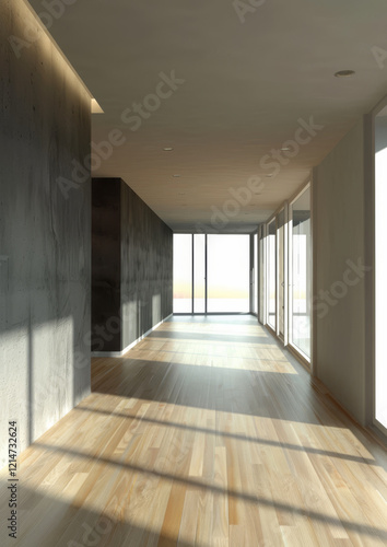 Wallpaper Mural Modern hallway with large windows and wooden flooring, showcasing natural light and minimalist design. concrete wall adds contemporary touch to space Torontodigital.ca