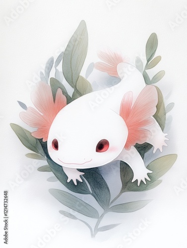 A cute white and pink axolotl with red eyes is sitting on a leaf