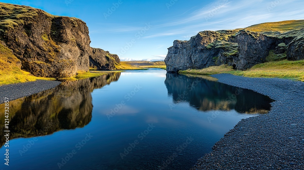 Obraz premium A calm river nestled between cliffs, with clear skies and a beautiful natural backdrop.
