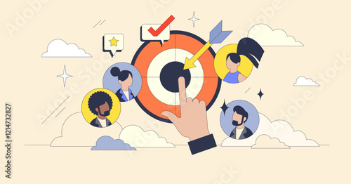 Target audience concept with diverse avatars around a dartboard. Key elements, dartboard, avatars, hand. Neubrutalism style.