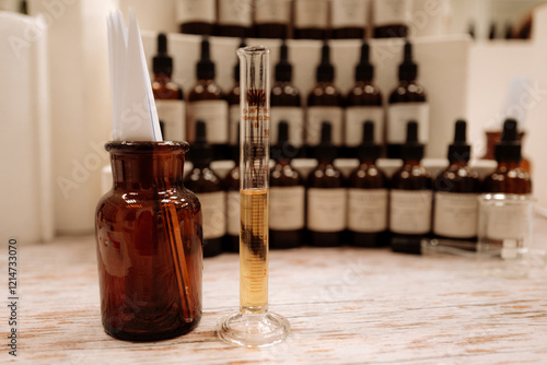 Fotografie Transparent brown bottle with white paper blotter for testing smell and glass mo